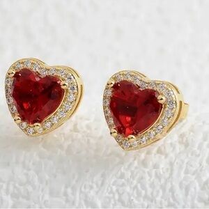 SOLD - NWOT - Gold and Red Heart Zirconia Stud Earrings
